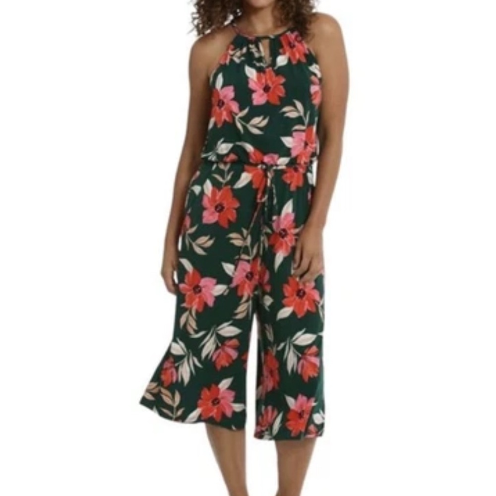 Maggie London Jumpsuit Womens‎ 2 Green Floral Halter Neck Crop Back Zipper Beach